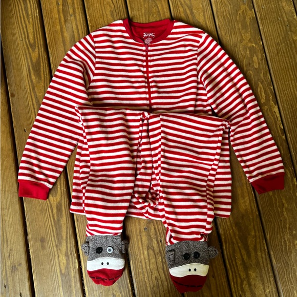 Nick & Nora Sock Monkey One Piece Fleece Front Zip Footed Pajamas Size Adult S - Picture 1 of 8
